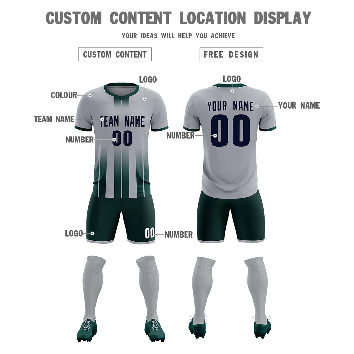 Custom Gray Midnight Green Vertical Training Uniform Soccer Sets Jersey
