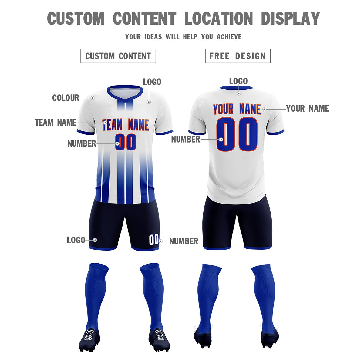 Custom White Royal Blue Vertical Training Uniform Soccer Sets Jersey