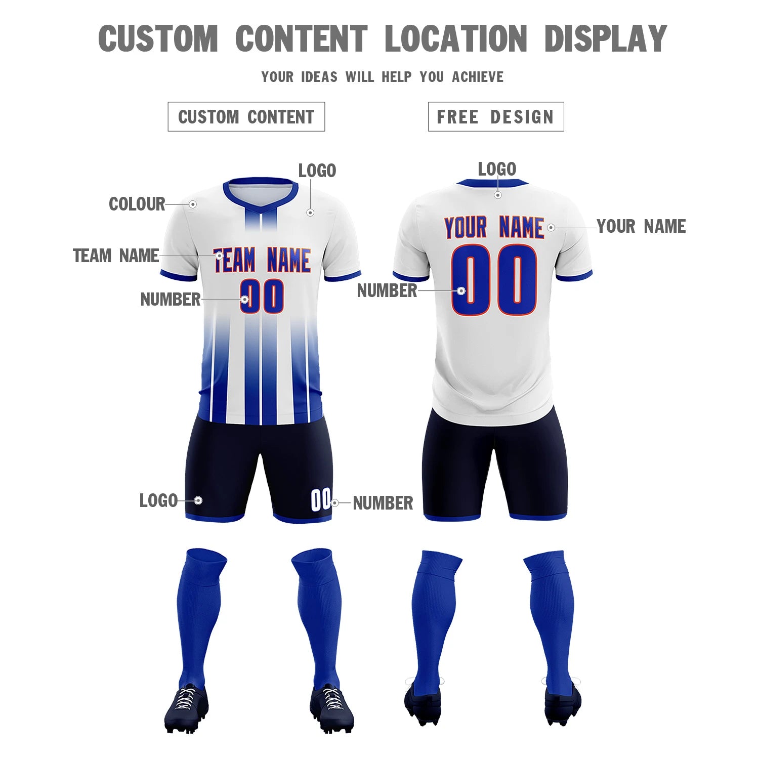 Custom White Royal Blue Vertical Training Uniform Soccer Sets Jersey