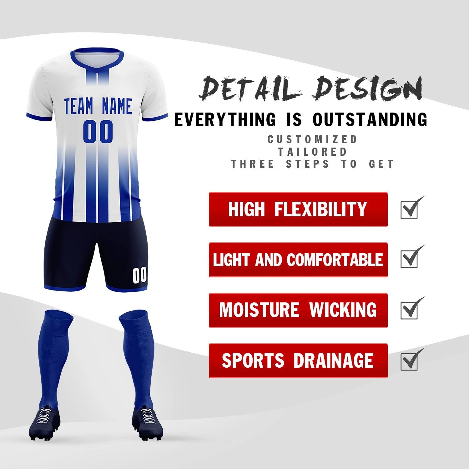 Custom White Royal Blue Vertical Training Uniform Soccer Sets Jersey