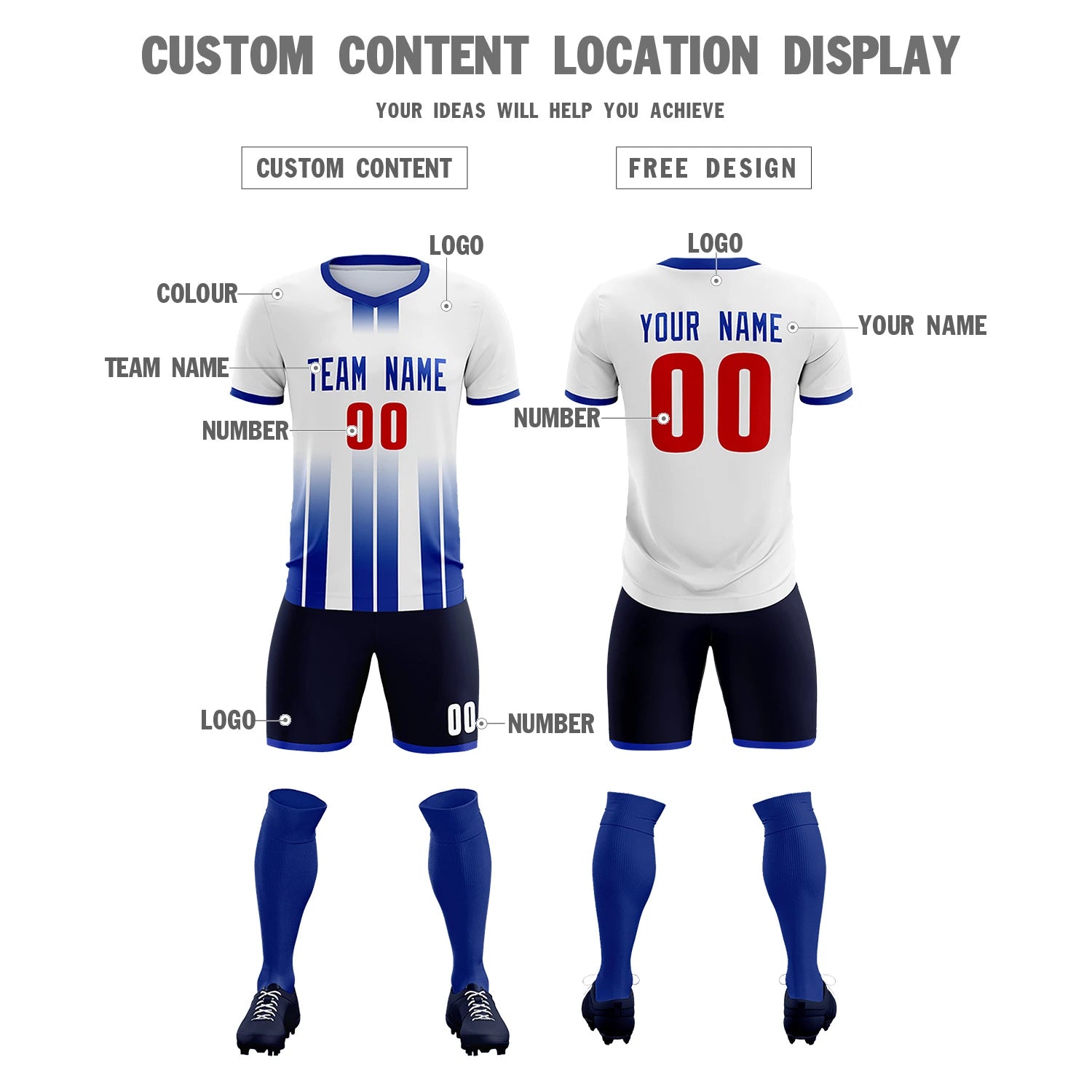 Custom White Royal Blue Vertical Training Uniform Soccer Sets Jersey