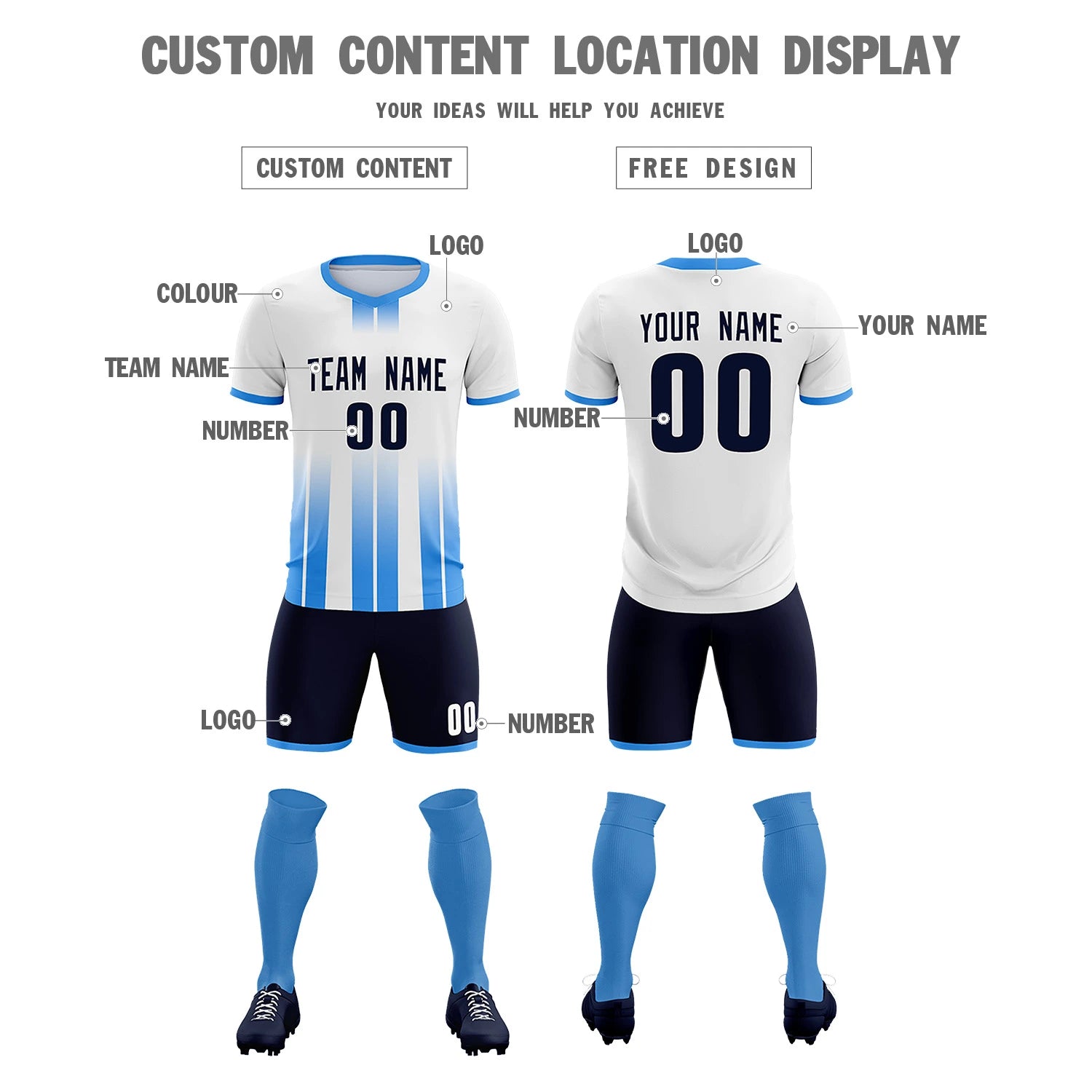 Custom White Powder Blue Vertical Training Uniform Soccer Sets Jersey