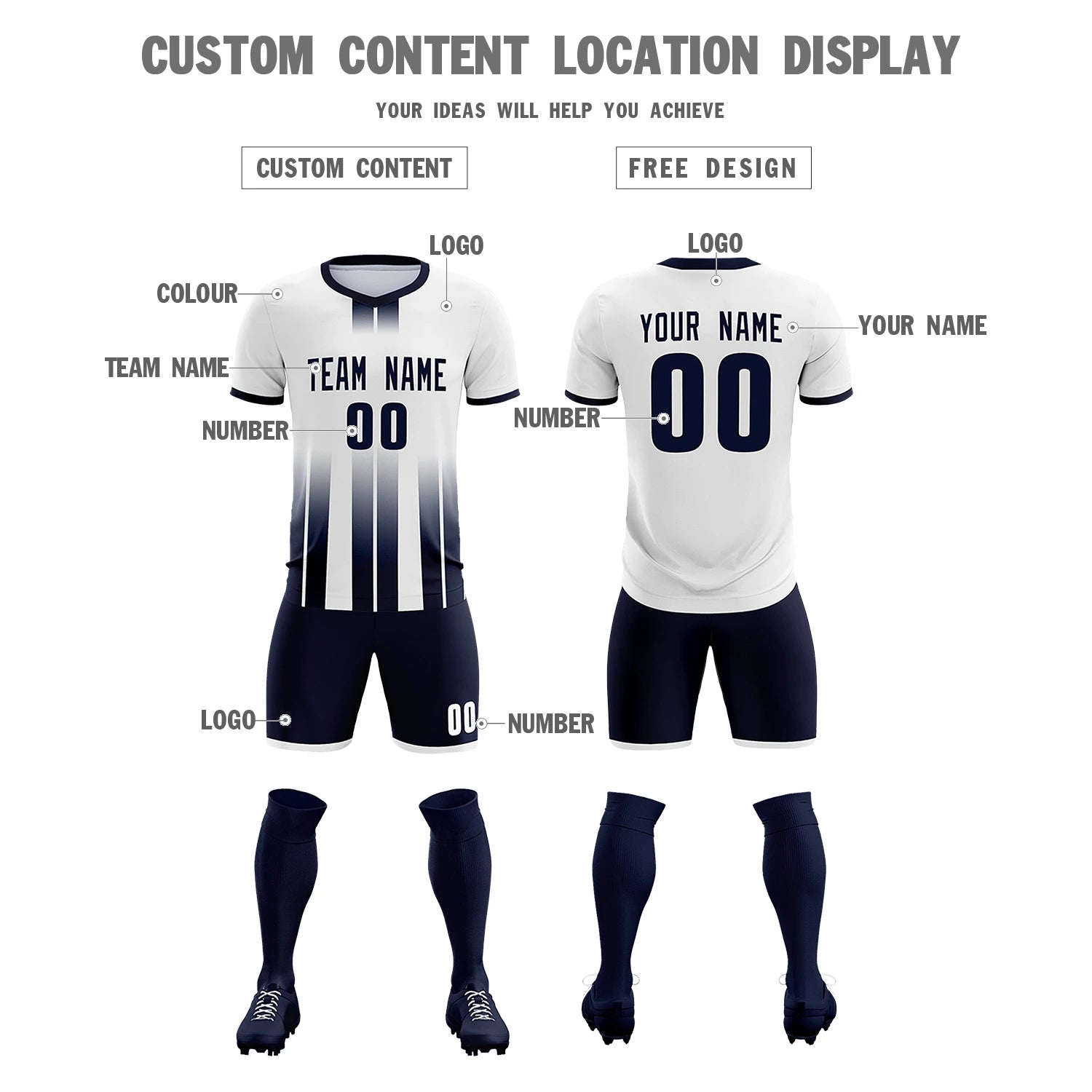 Custom White Navy Vertical Training Uniform Soccer Sets Jersey