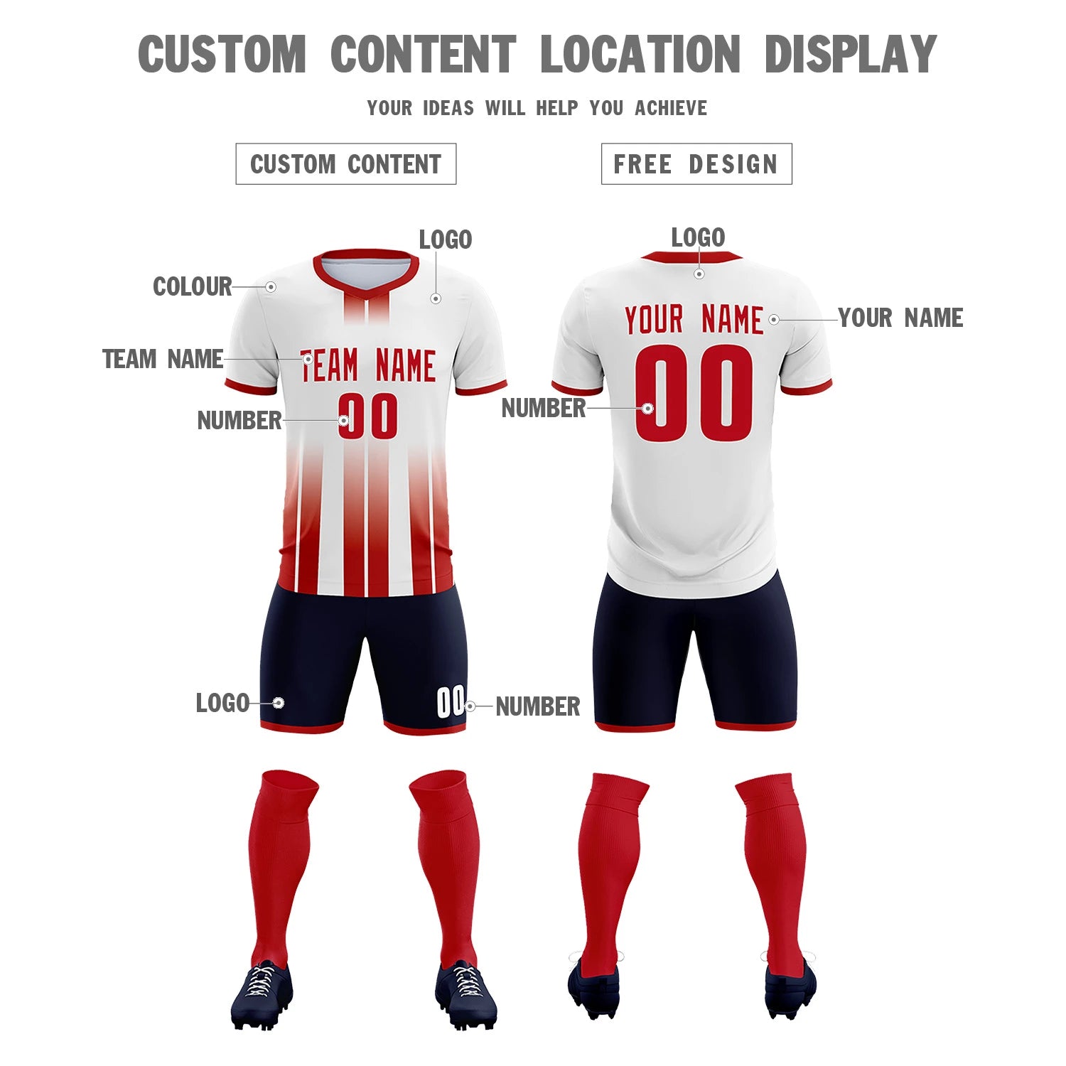 Custom White Red Vertical Training Uniform Soccer Sets Jersey