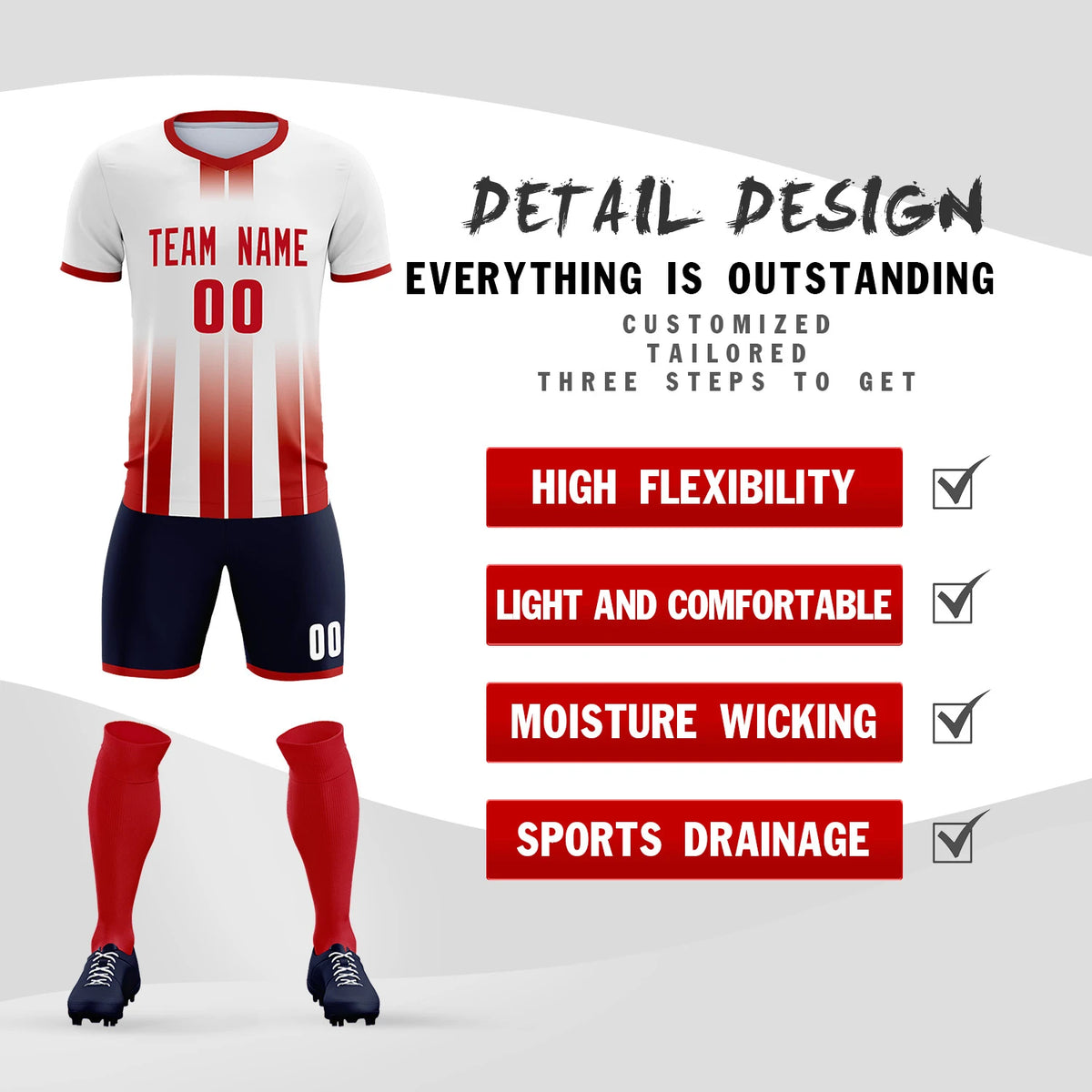 Custom White Red Vertical Training Uniform Soccer Sets Jersey