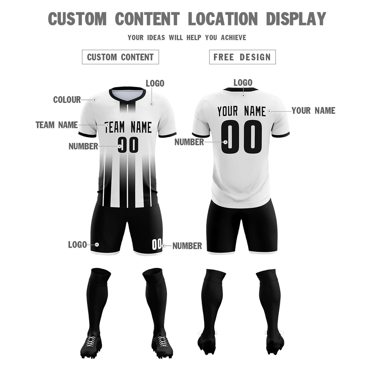 Custom White Black Vertical Training Uniform Soccer Sets Jersey
