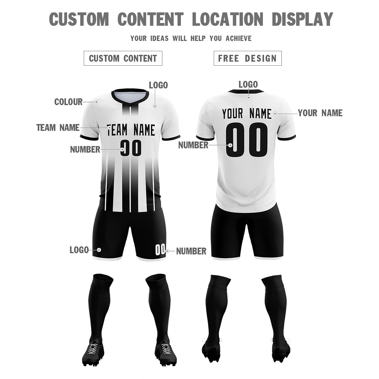 Custom White Black Vertical Training Uniform Soccer Sets Jersey