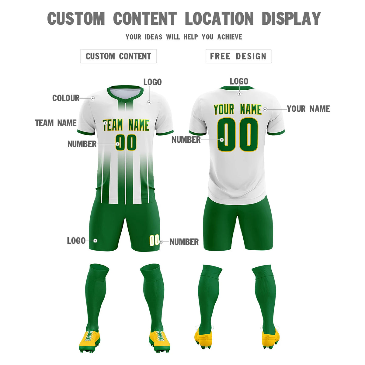Custom White Kelly Green Vertical Training Uniform Soccer Sets Jersey