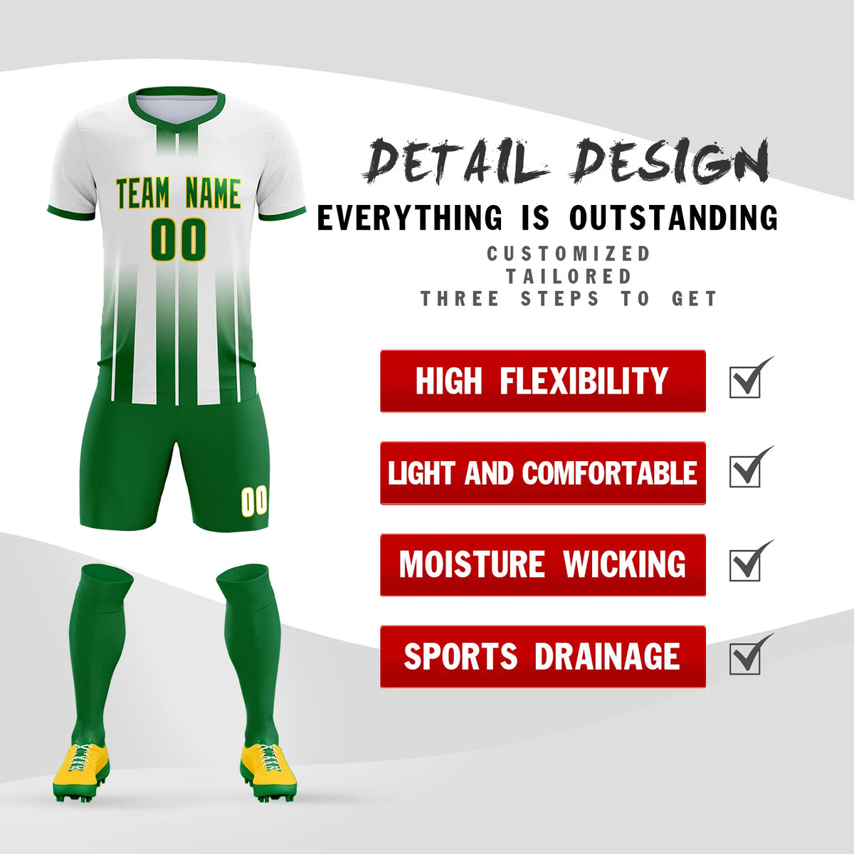 Custom White Kelly Green Vertical Training Uniform Soccer Sets Jersey