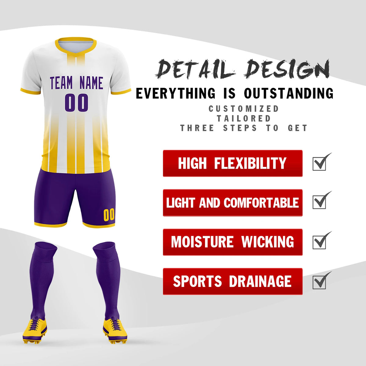 Custom White Gold01 Vertical Training Uniform Soccer Sets Jersey