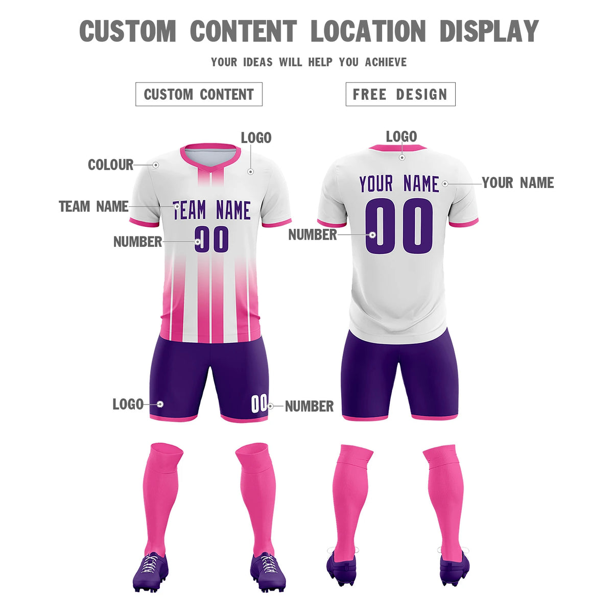 Custom White Pink Vertical Training Uniform Soccer Sets Jersey