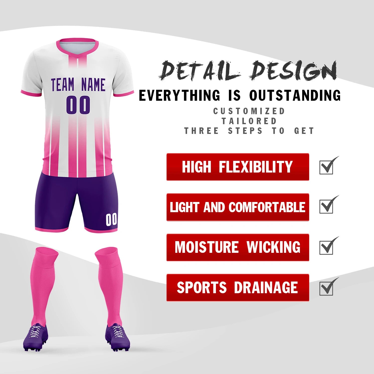 Custom White Pink Vertical Training Uniform Soccer Sets Jersey