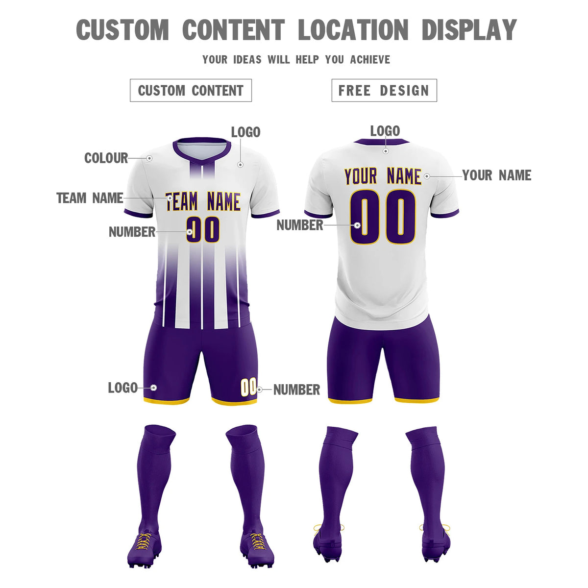 Custom White Purple Vertical Training Uniform Soccer Sets Jersey