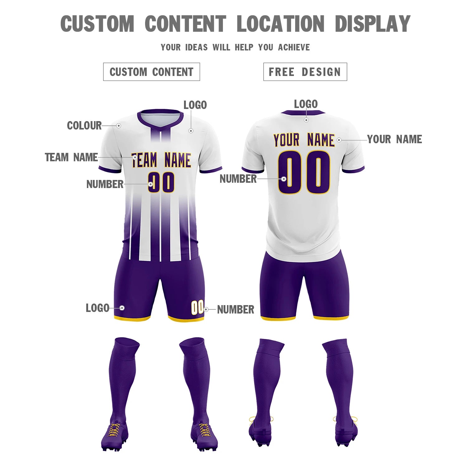 Custom White Purple Vertical Training Uniform Soccer Sets Jersey