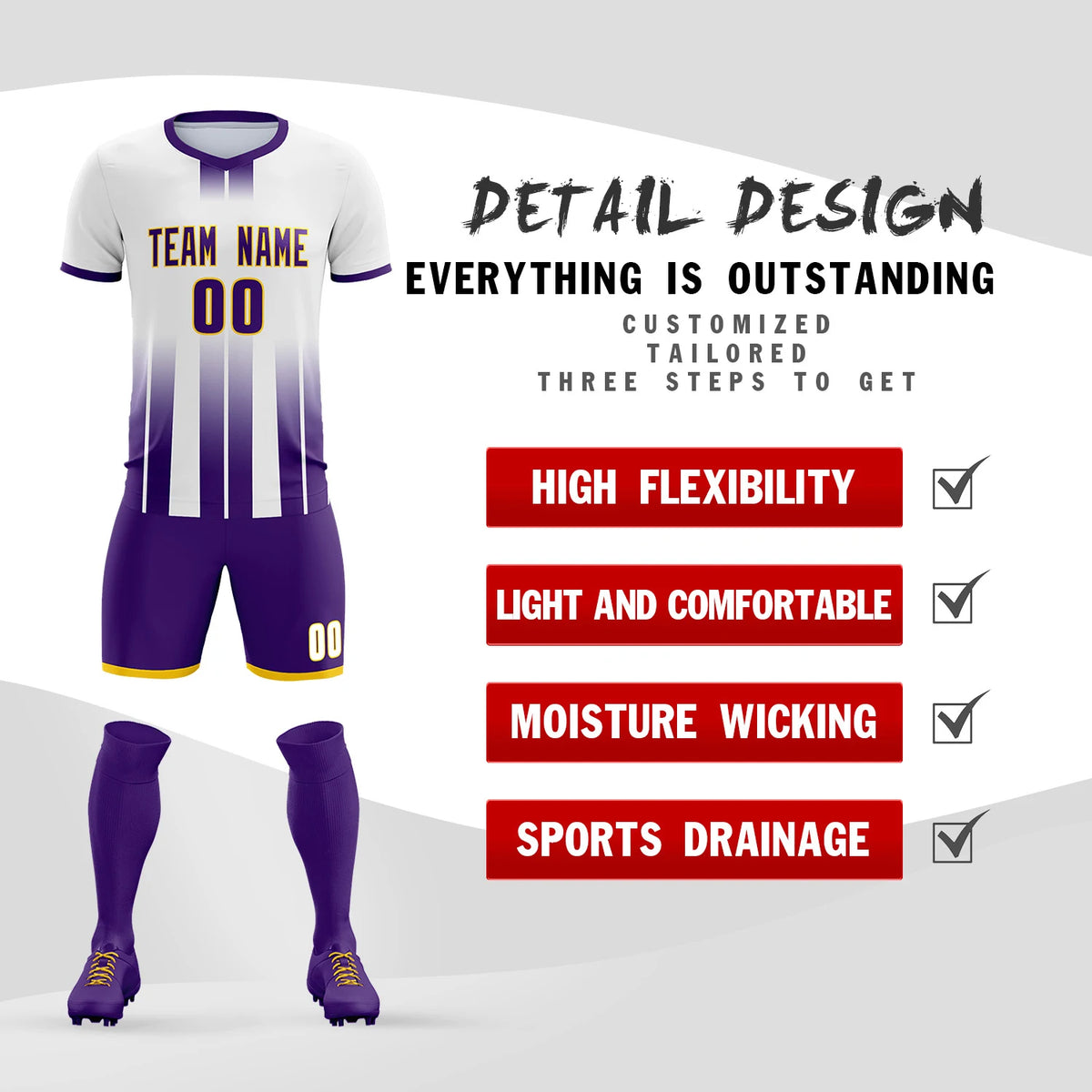 Custom White Purple Vertical Training Uniform Soccer Sets Jersey
