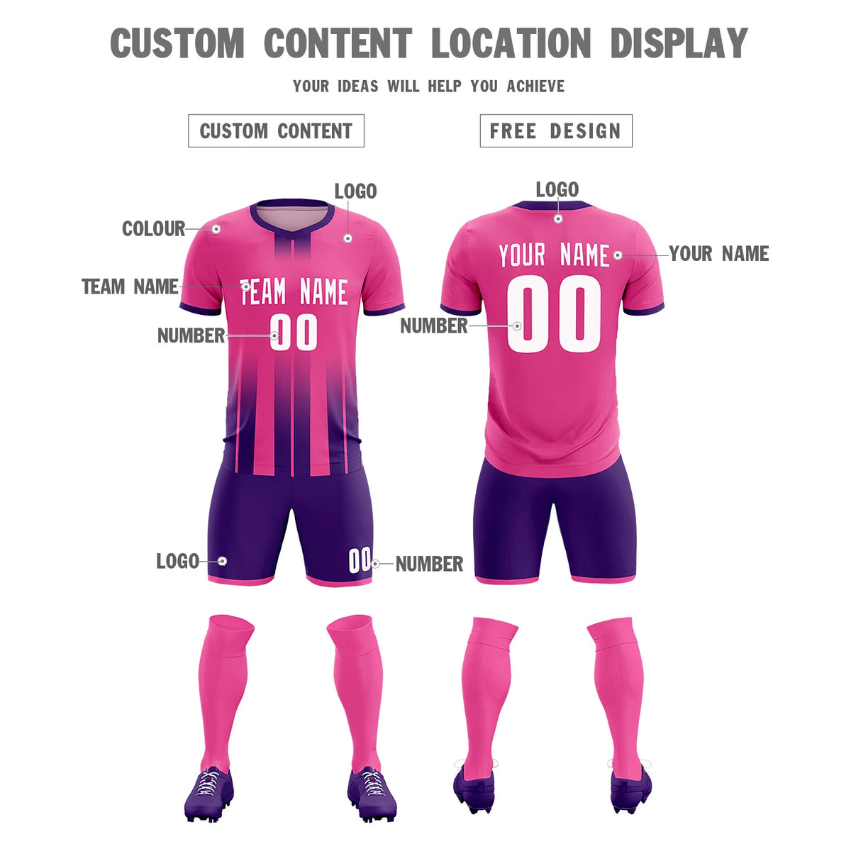 Custom Pink Purple Vertical Training Uniform Soccer Sets Jersey