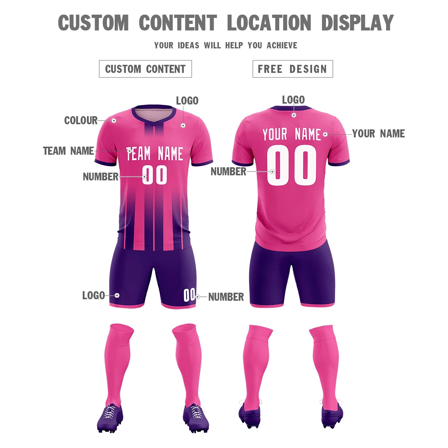 Custom Pink Purple Vertical Training Uniform Soccer Sets Jersey