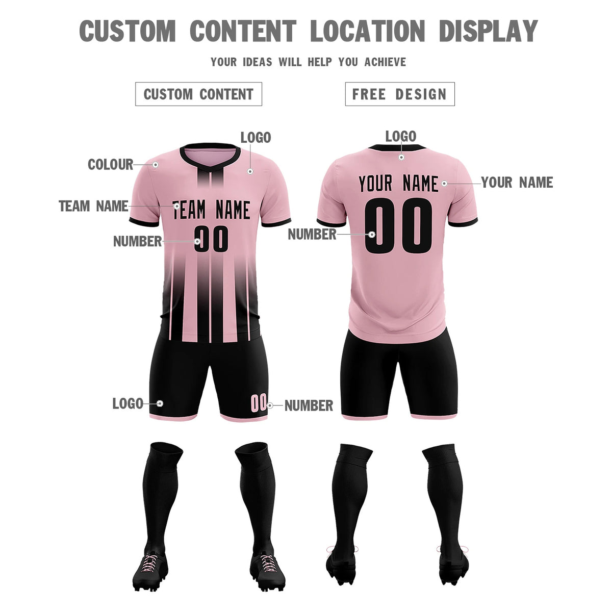 Custom Light Pink Black Vertical Training Uniform Soccer Sets Jersey