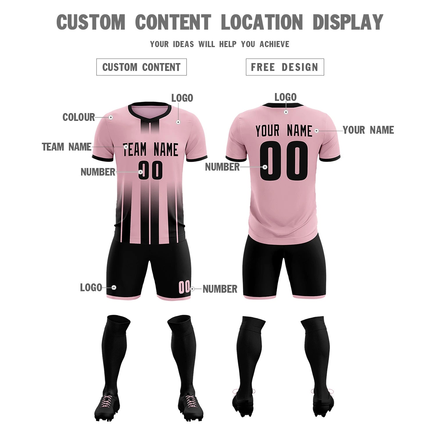 Custom Light Pink Black Vertical Training Uniform Soccer Sets Jersey