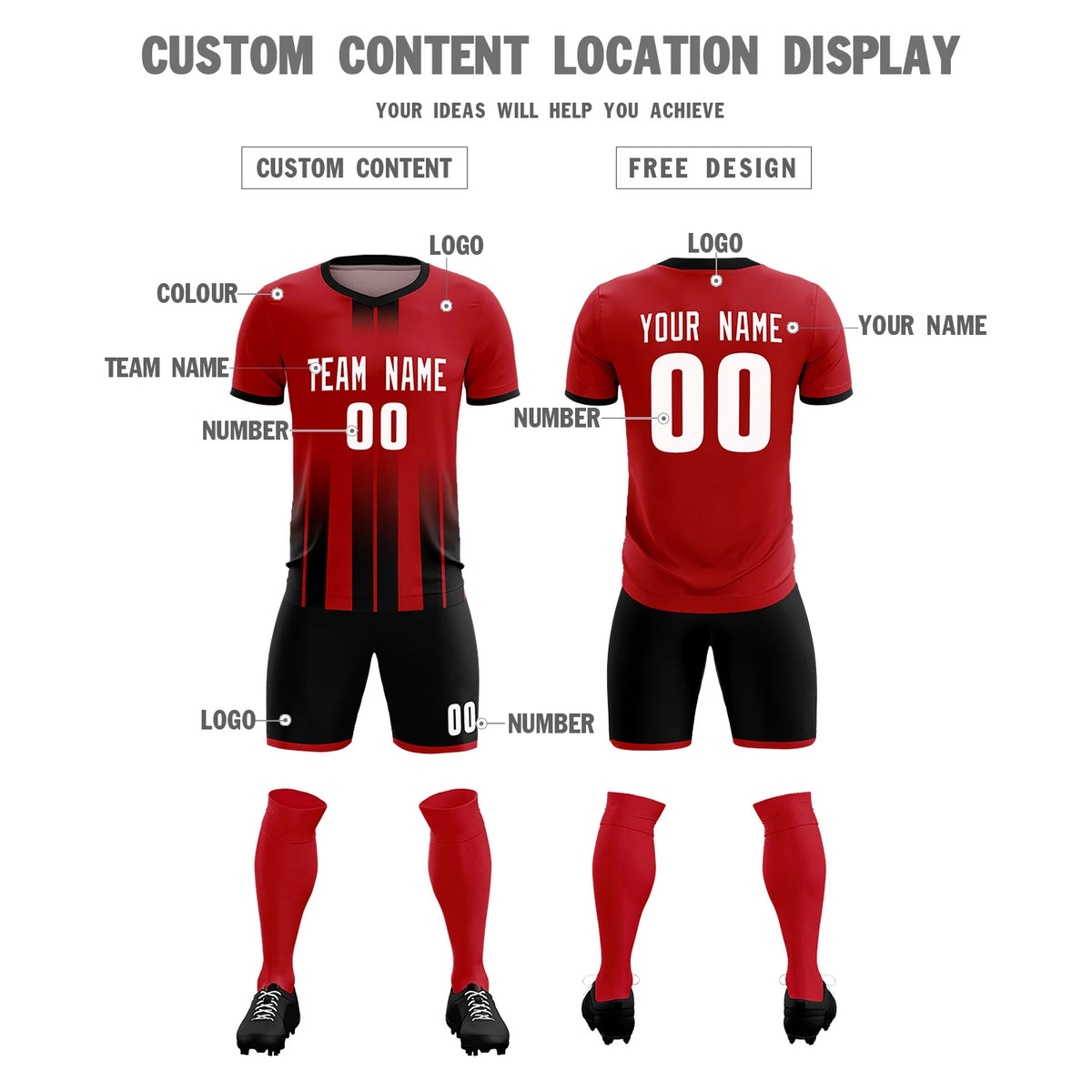 Custom Red Black Vertical Training Uniform Soccer Sets Jersey