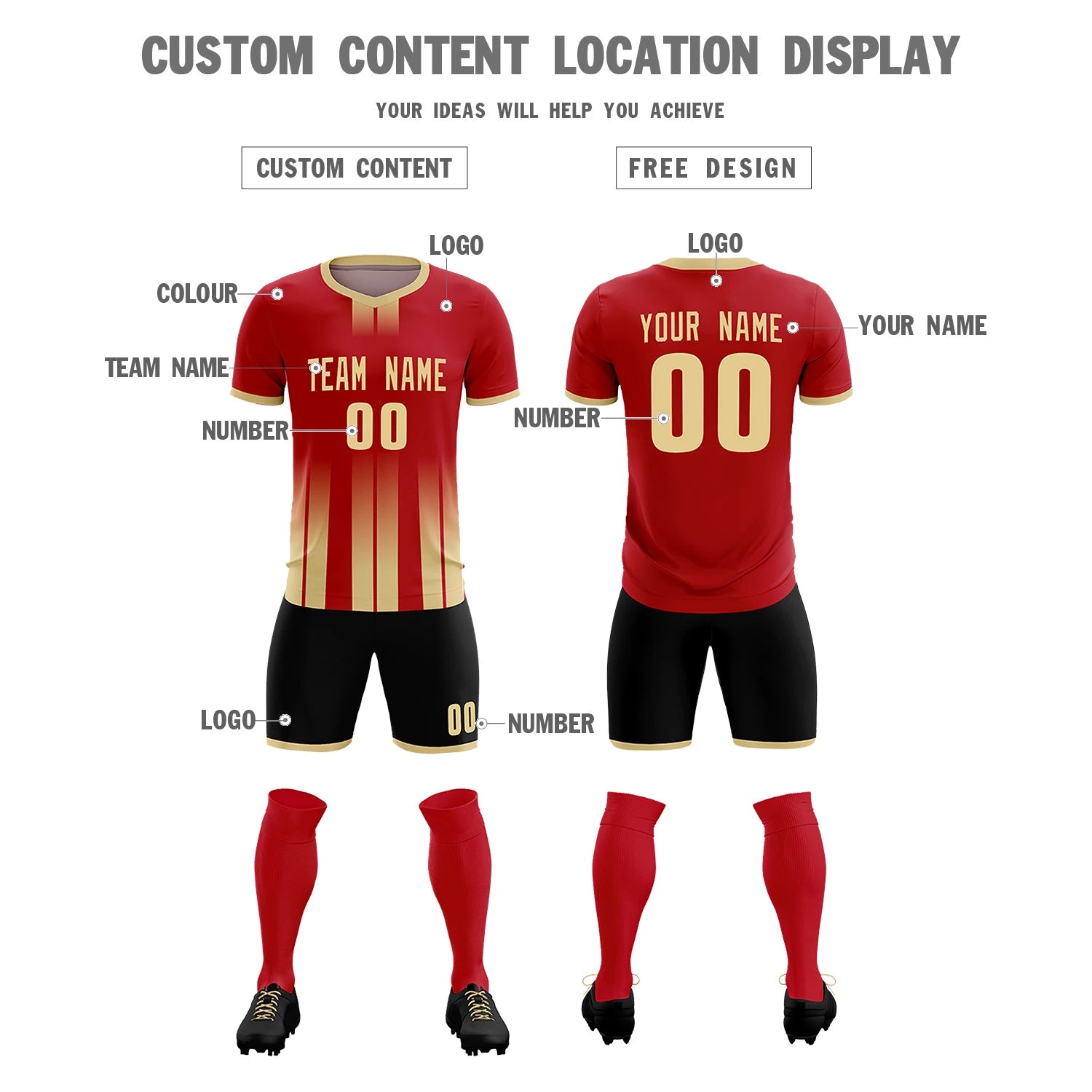 Custom Red Khaki Vertical Training Uniform Soccer Sets Jersey