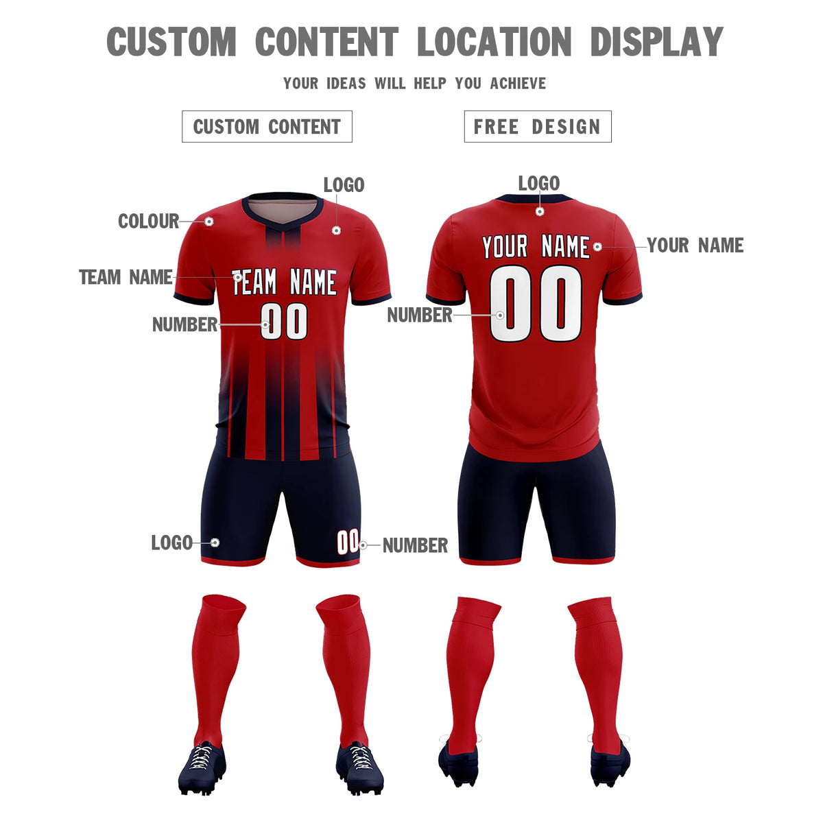 Custom Red Navy Vertical Training Uniform Soccer Sets Jersey