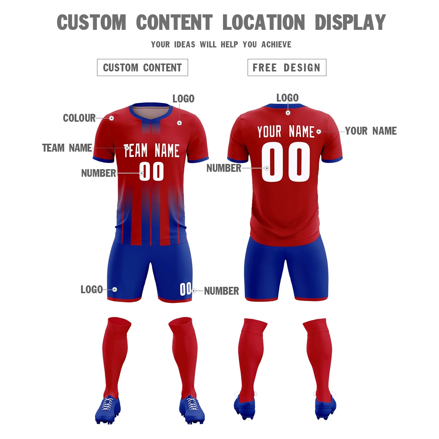 Custom Red Royal Blue Vertical Training Uniform Soccer Sets Jersey