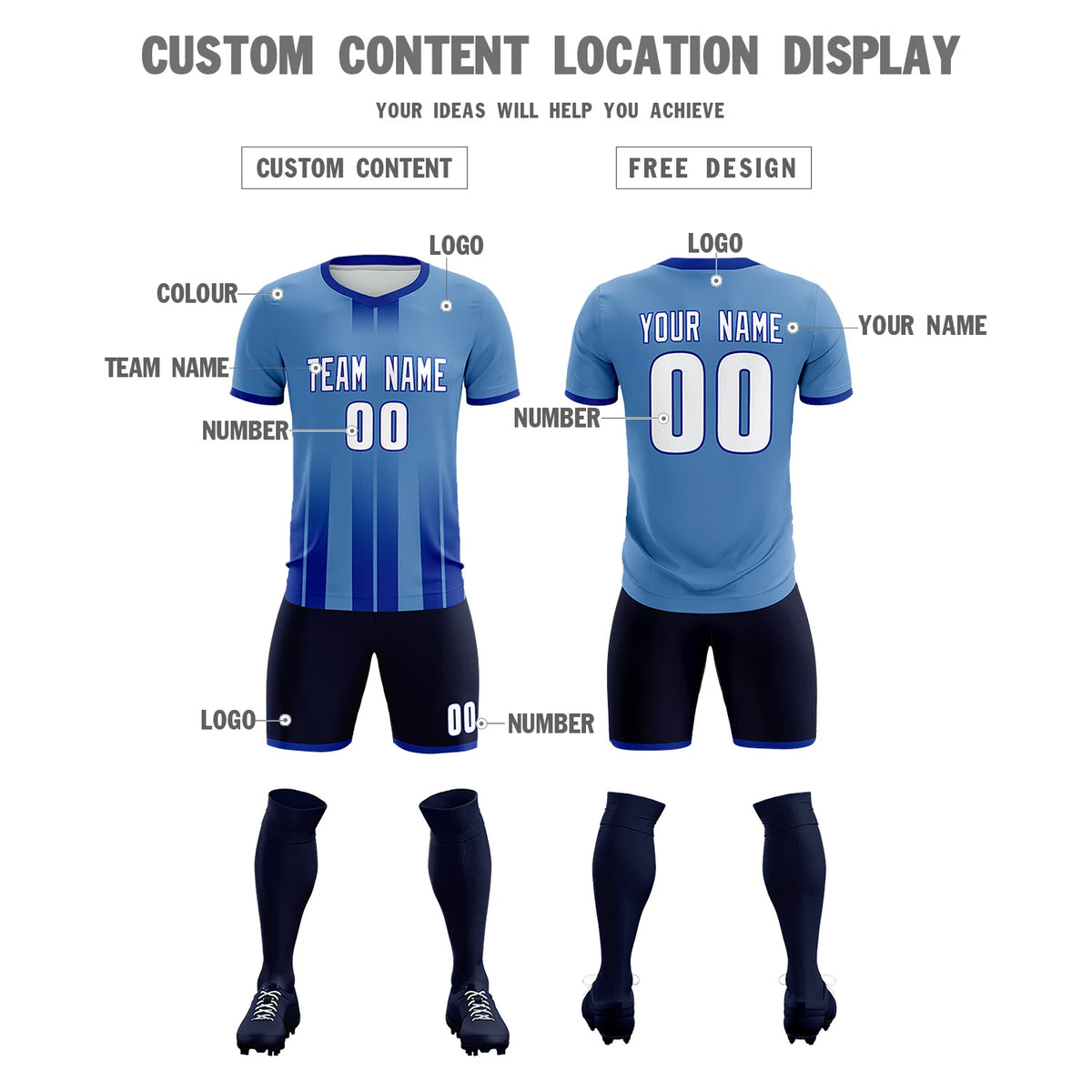 Custom Light Blue Royal Blue Vertical Training Uniform Soccer Sets Jersey