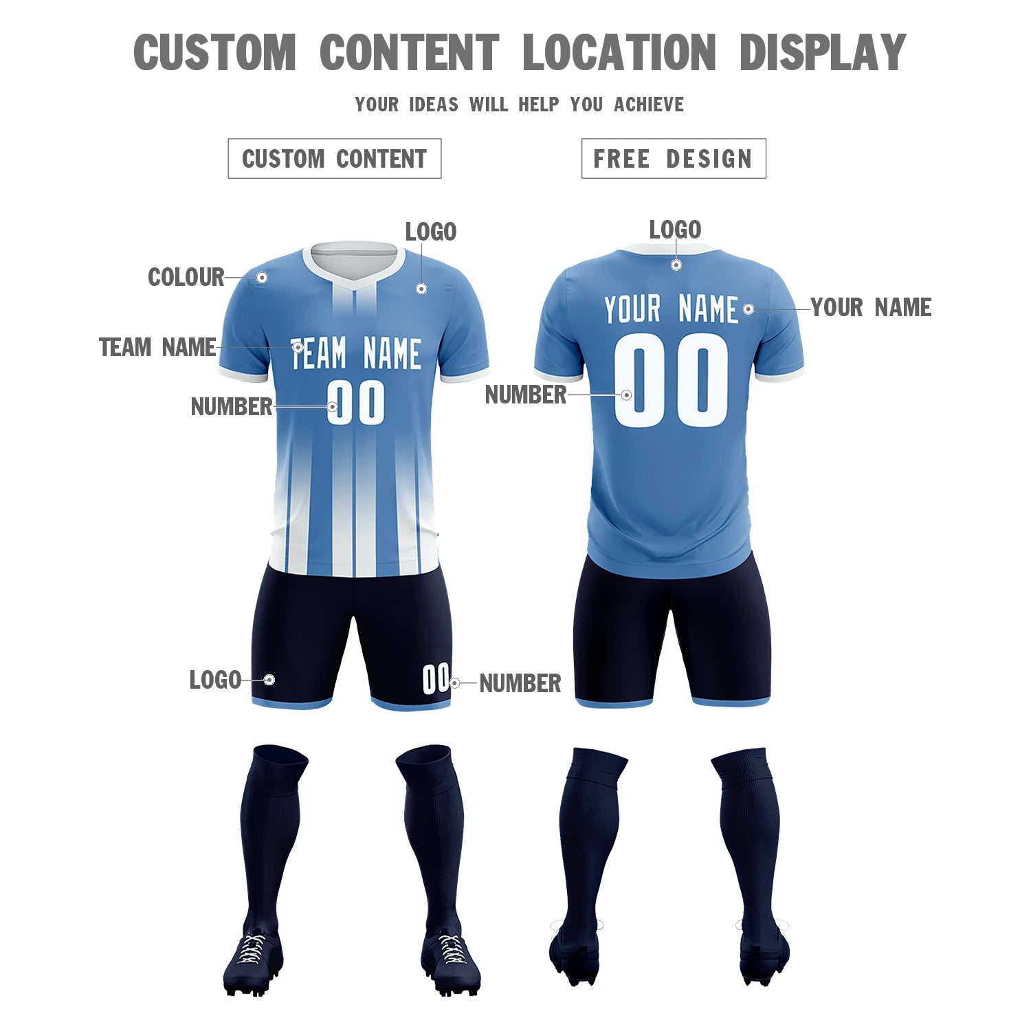 Custom Light Blue White Vertical Training Uniform Soccer Sets Jersey