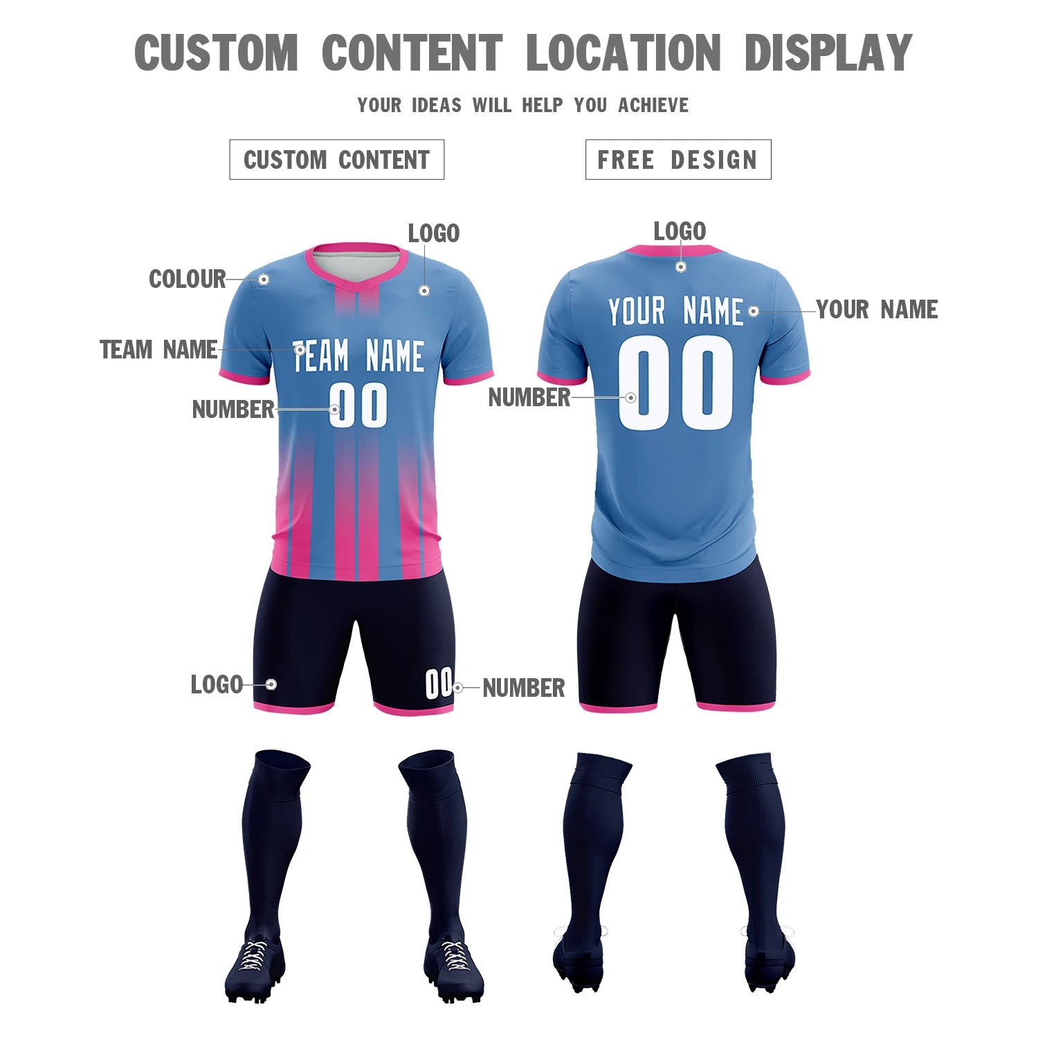 Custom Light Blue Pink Vertical Training Uniform Soccer Sets Jersey