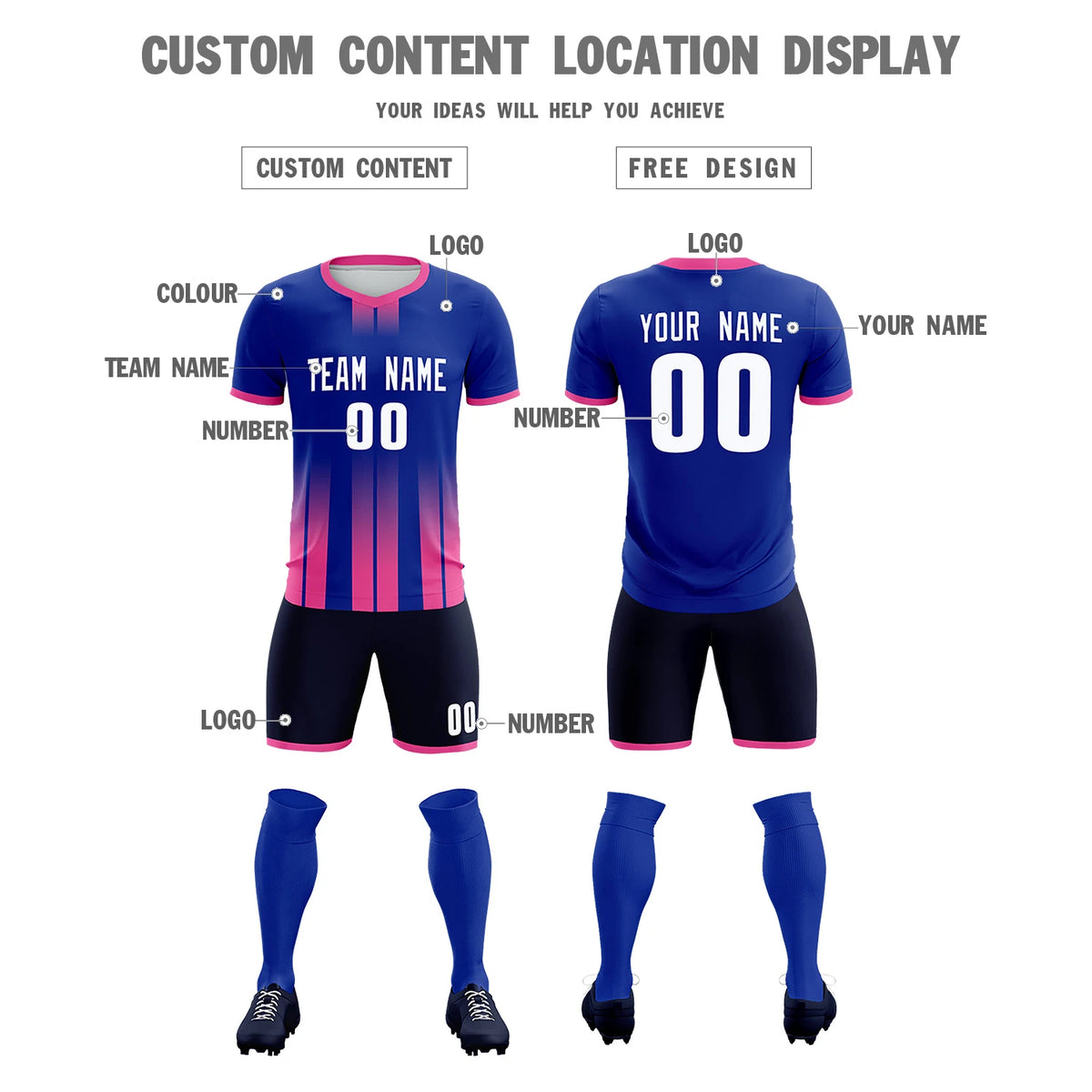 Custom Royal Blue Pink Vertical Training Uniform Soccer Sets Jersey