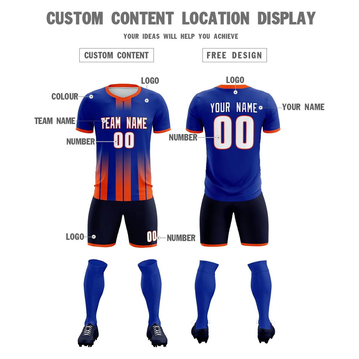 Custom Royal Blue Orange Vertical Training Uniform Soccer Sets Jersey