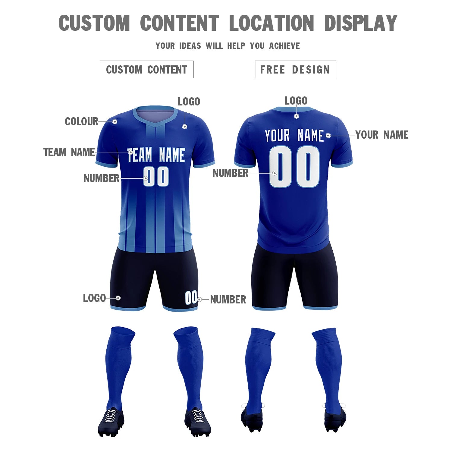 Custom Royal Blue Light Blue Vertical Training Uniform Soccer Sets Jersey