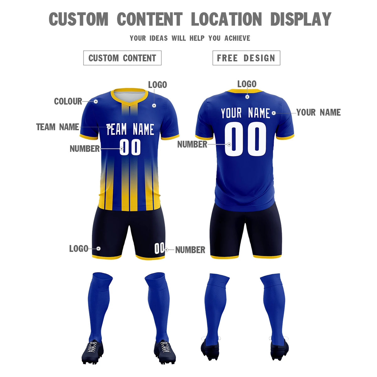 Custom Royal Blue Gold01 Vertical Training Uniform Soccer Sets Jersey