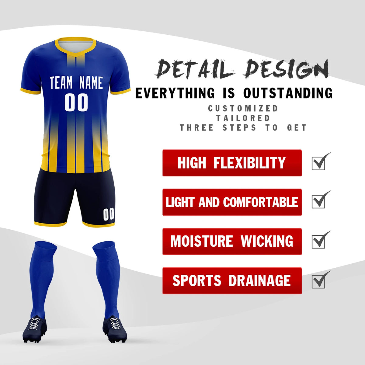 Custom Royal Blue Gold01 Vertical Training Uniform Soccer Sets Jersey