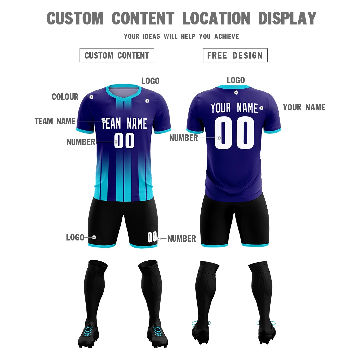 Custom Purple Sky Blue Vertical Training Uniform Soccer Sets Jersey