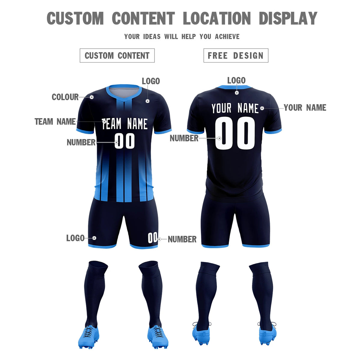 Custom Navy Powder Blue Vertical Training Uniform Soccer Sets Jersey