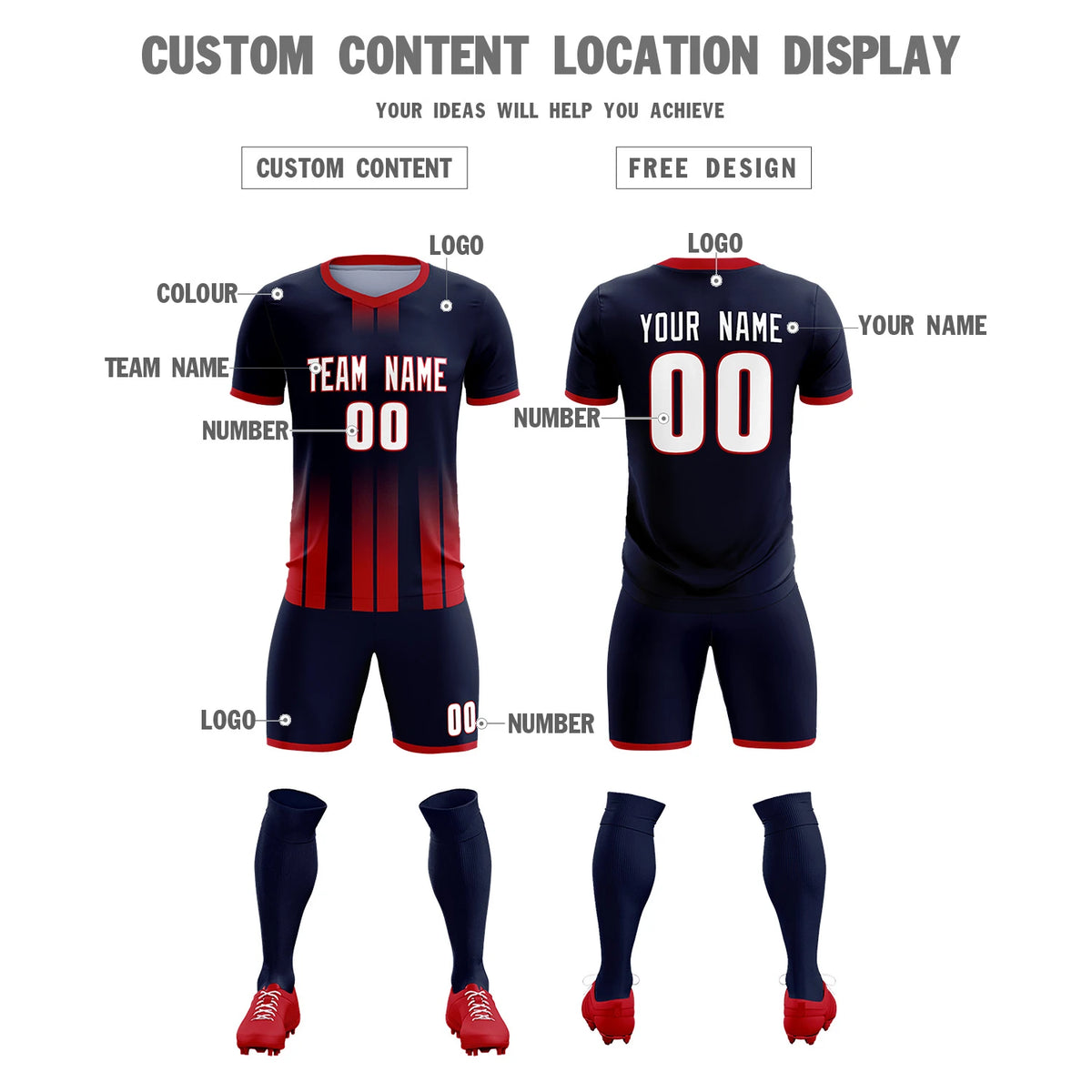 Custom Navy Red Vertical Training Uniform Soccer Sets Jersey