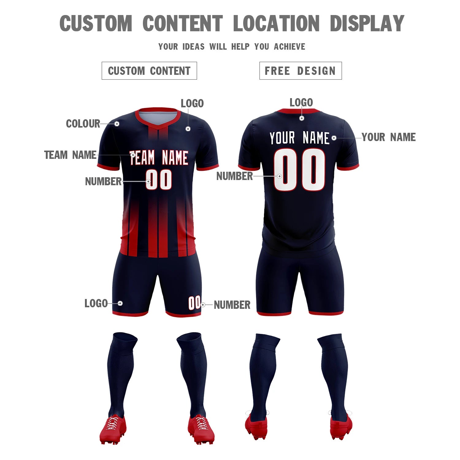 Custom Navy Red Vertical Training Uniform Soccer Sets Jersey