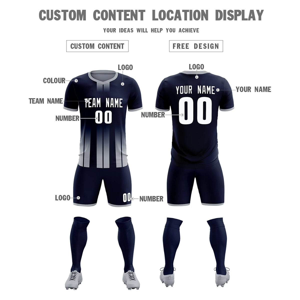 Custom Navy Gray Vertical Training Uniform Soccer Sets Jersey