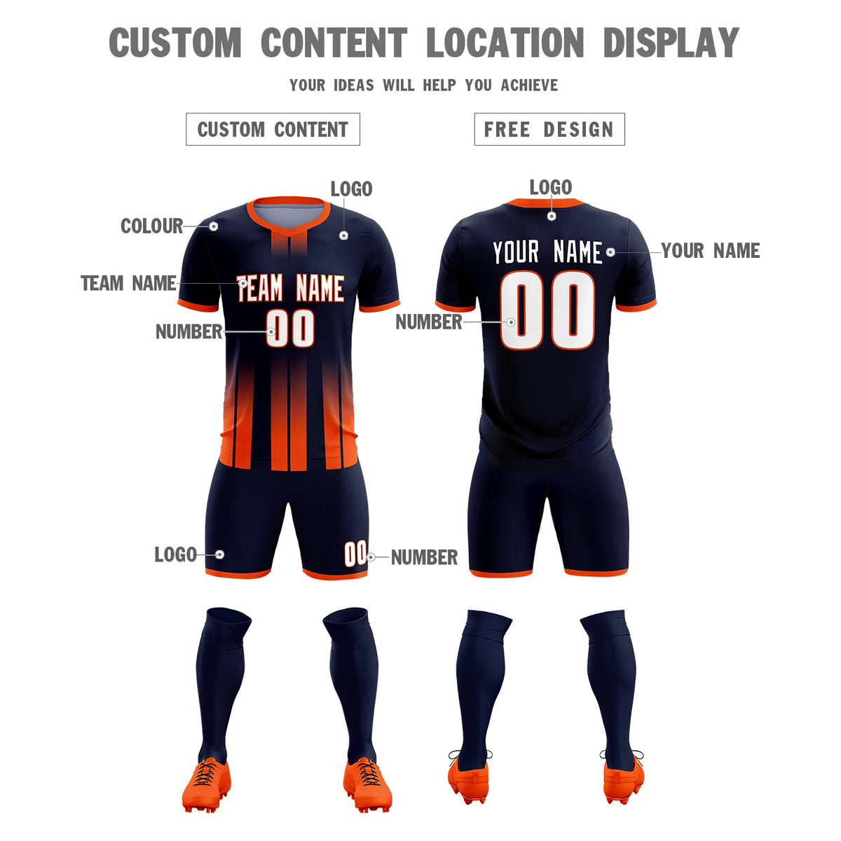 Custom Navy Orange Vertical Training Uniform Soccer Sets Jersey
