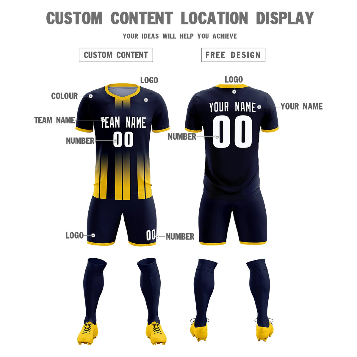Custom Navy Gold01 Vertical Training Uniform Soccer Sets Jersey