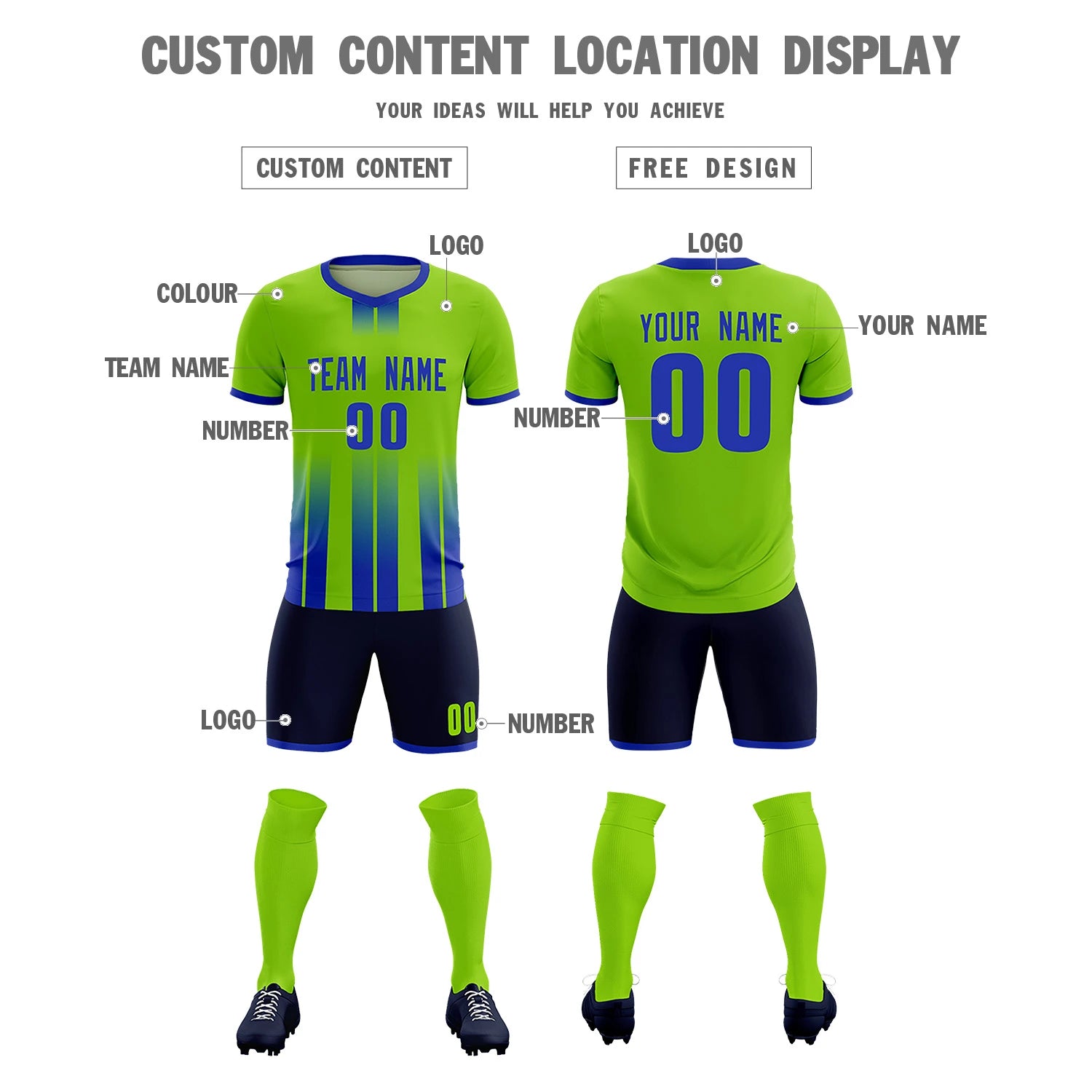 Custom Neon Green Royal Blue Vertical Training Uniform Soccer Sets Jersey