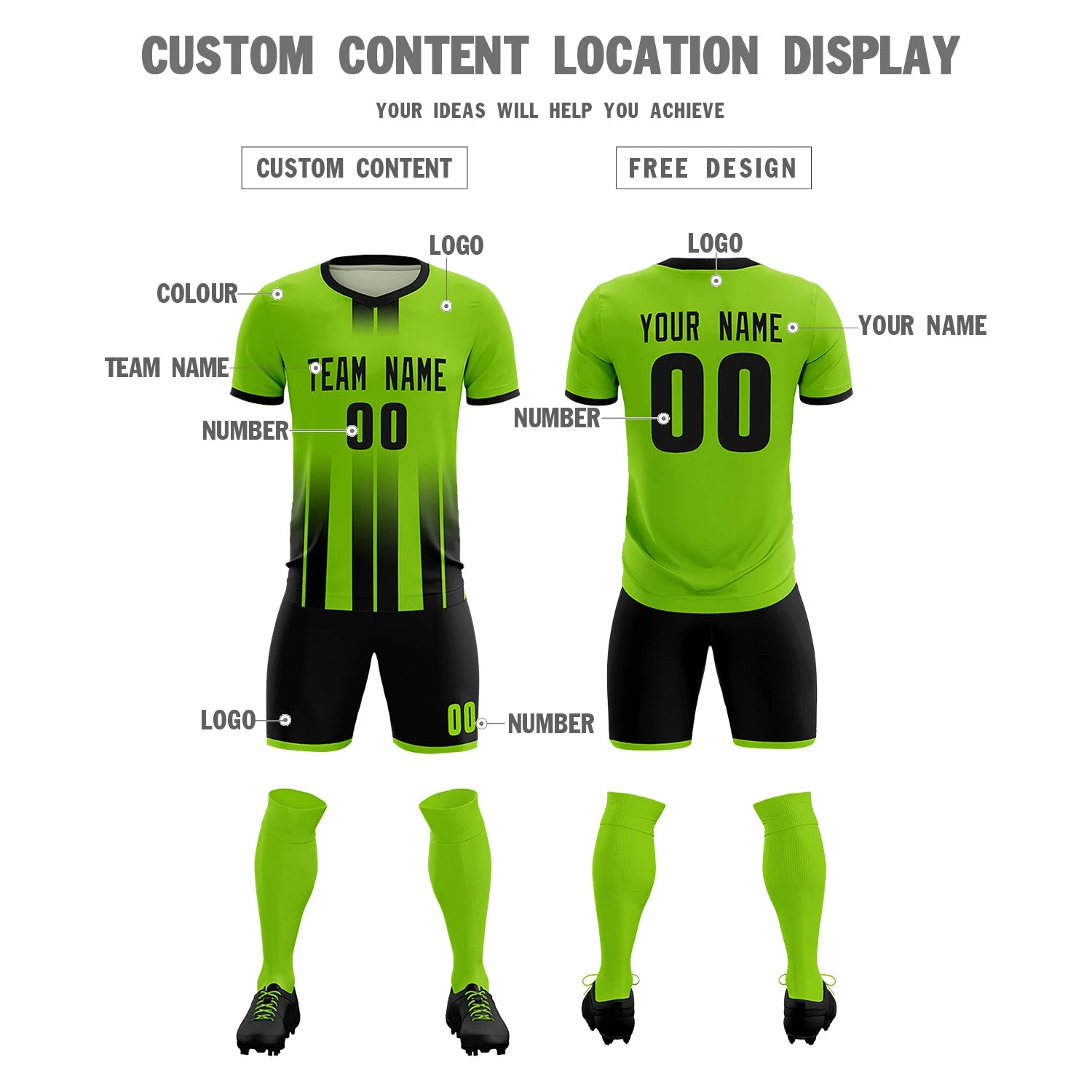 Custom Neon Green Black Vertical Training Uniform Soccer Sets Jersey