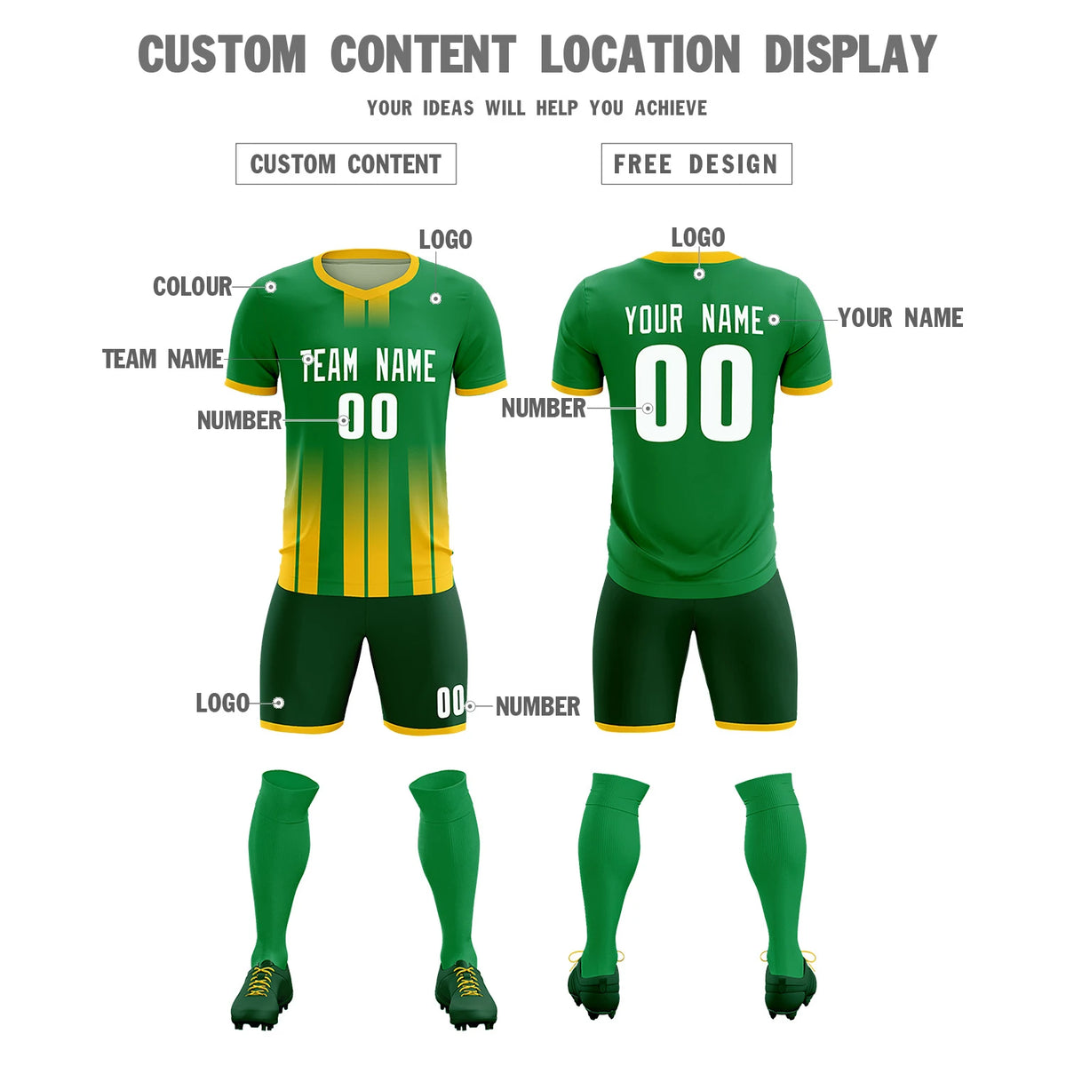 Custom Kelly Green Gold01 Vertical Training Uniform Soccer Sets Jersey