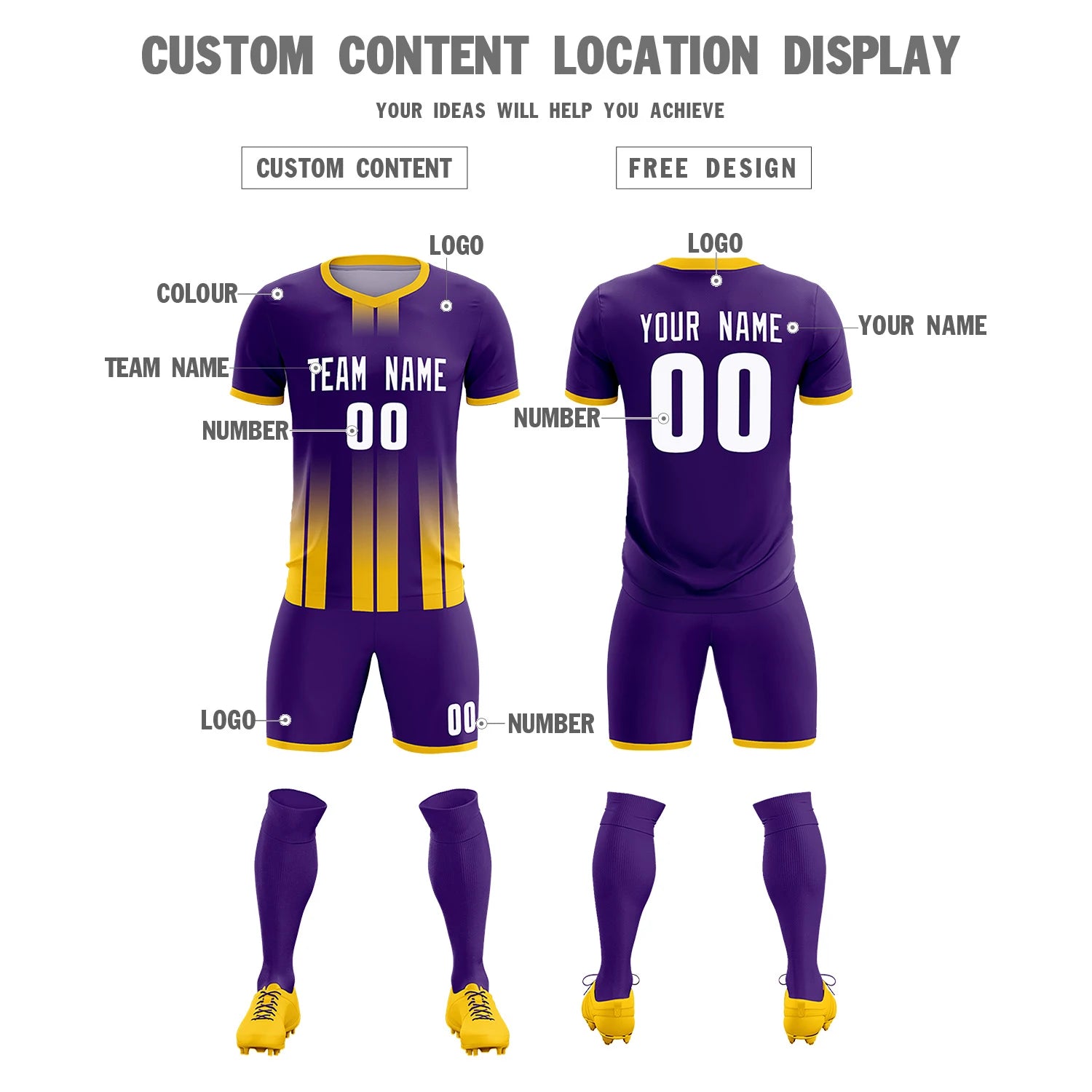Custom Purple Gold01 Vertical Training Uniform Soccer Sets Jersey