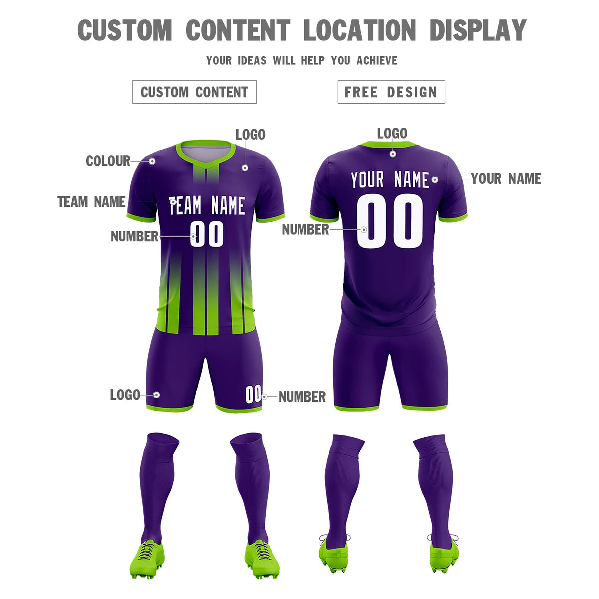 Custom Purple Neon Green Vertical Training Uniform Soccer Sets Jersey