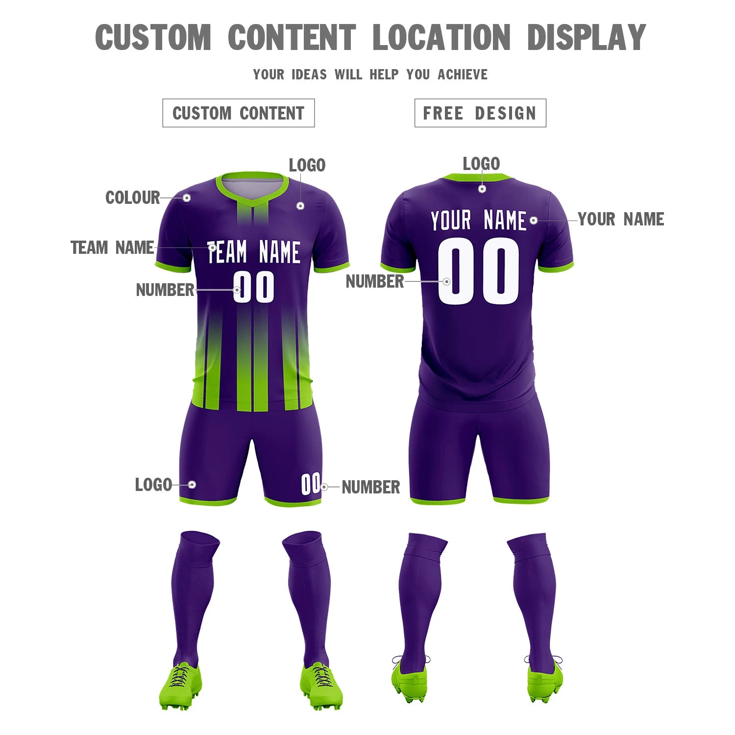 Custom Purple Neon Green Vertical Training Uniform Soccer Sets Jersey