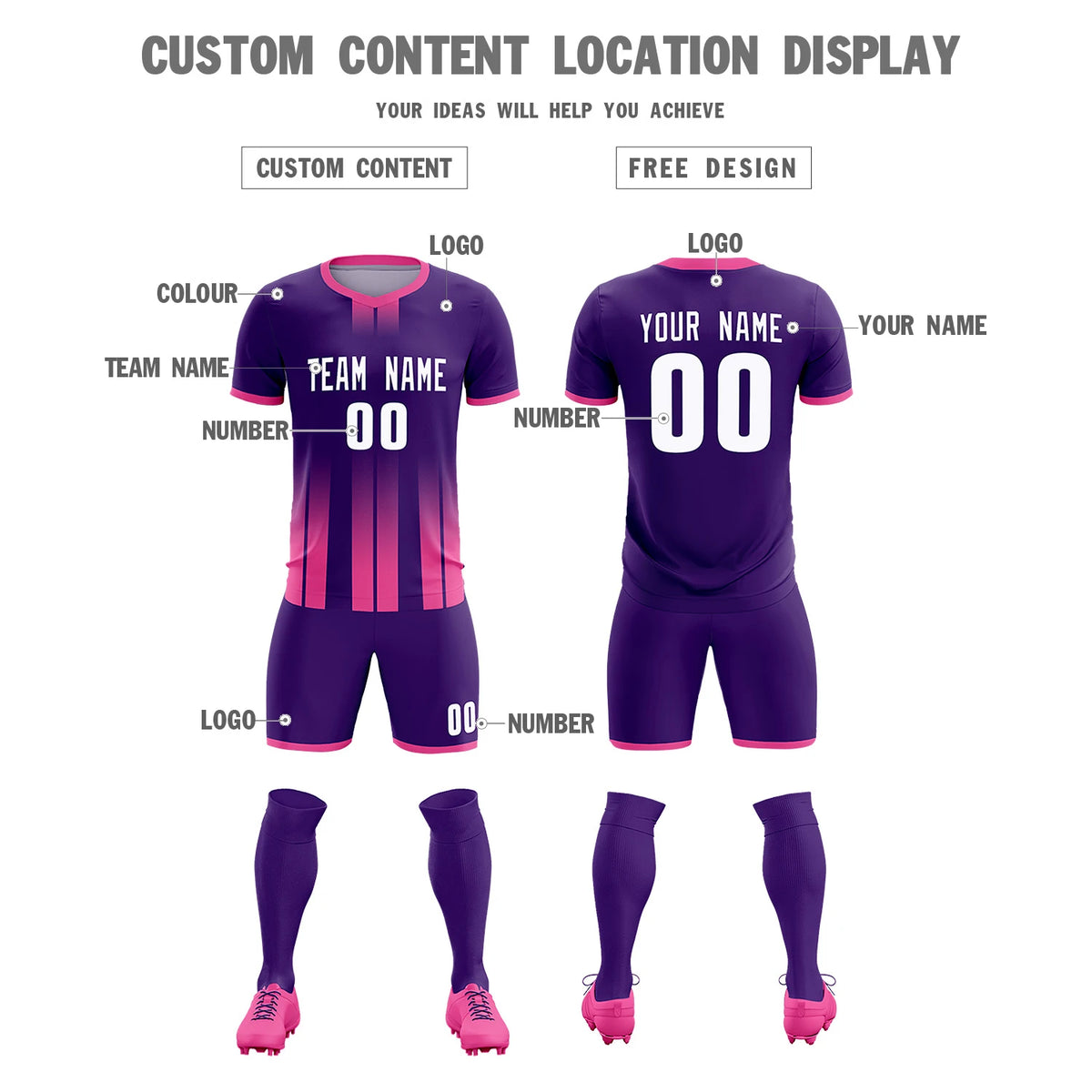 Custom Purple Pink Vertical Training Uniform Soccer Sets Jersey
