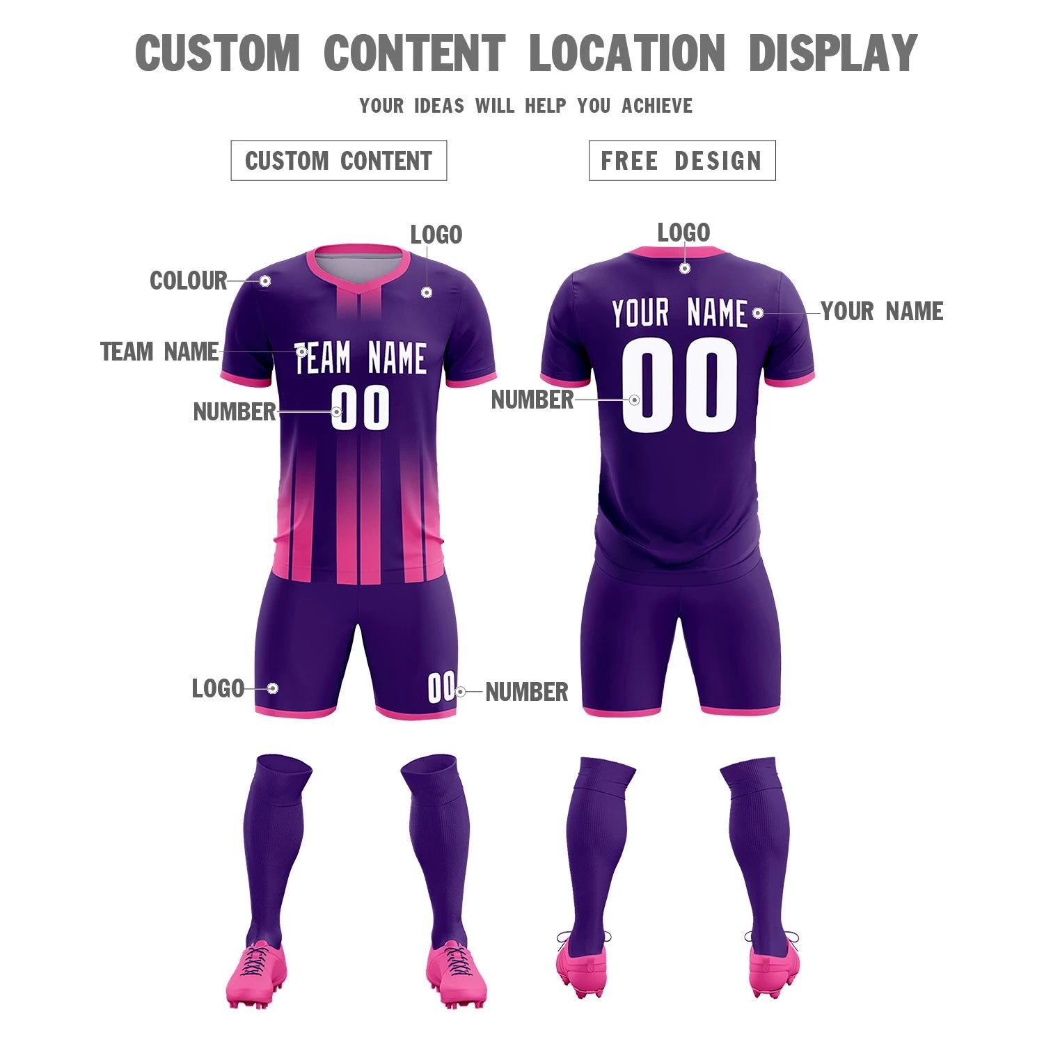 Custom Purple Pink Vertical Training Uniform Soccer Sets Jersey